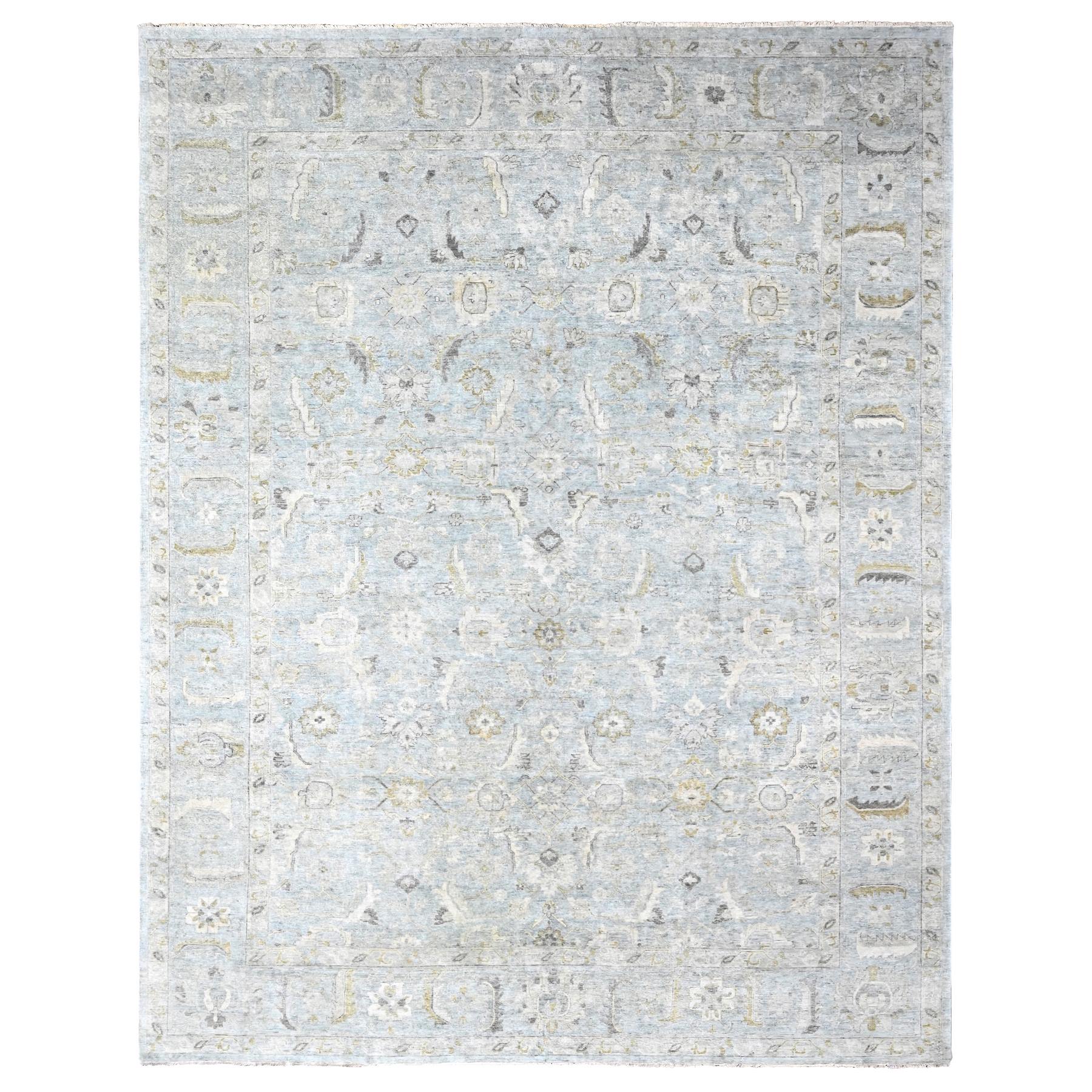 Medium Gray, Distressed, Antiqued Persian with Ziegler Mahal Design, Oxidized, Zero Pile, Shaved Low, 100% Wool, Hand Knotted, Oriental Rug
